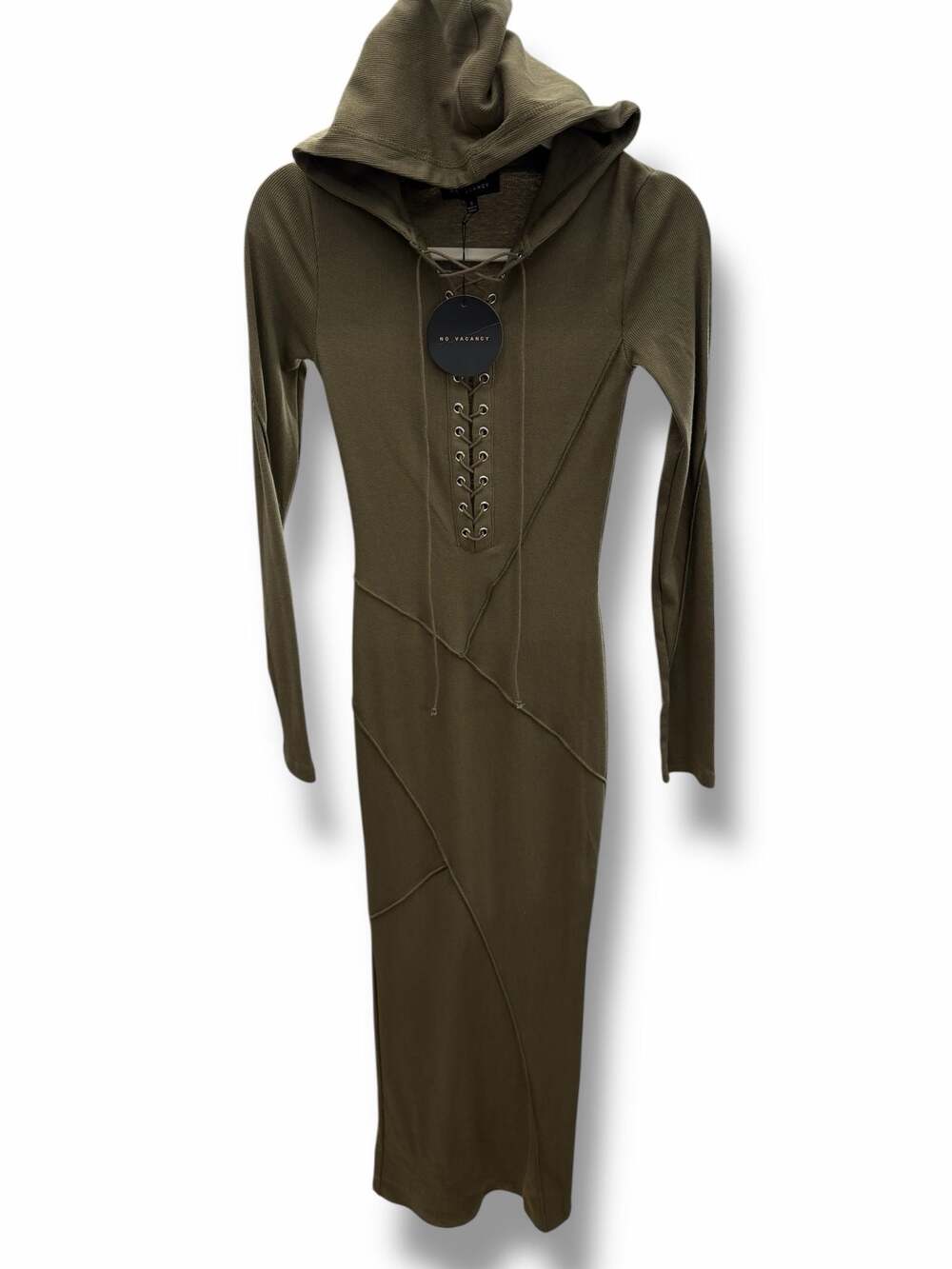 No Vacancy Kira Olive Green Ribbed Hooded Lace-Up Maxi Dress‎